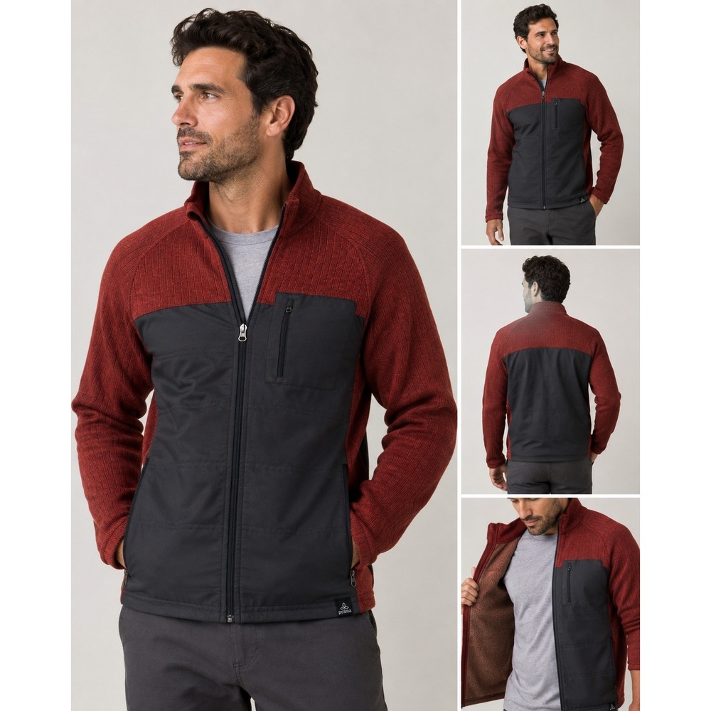Prana Mens Wool Blend & Suede Hybrid Full Zip Jacket Orange Charcoal Grey Large